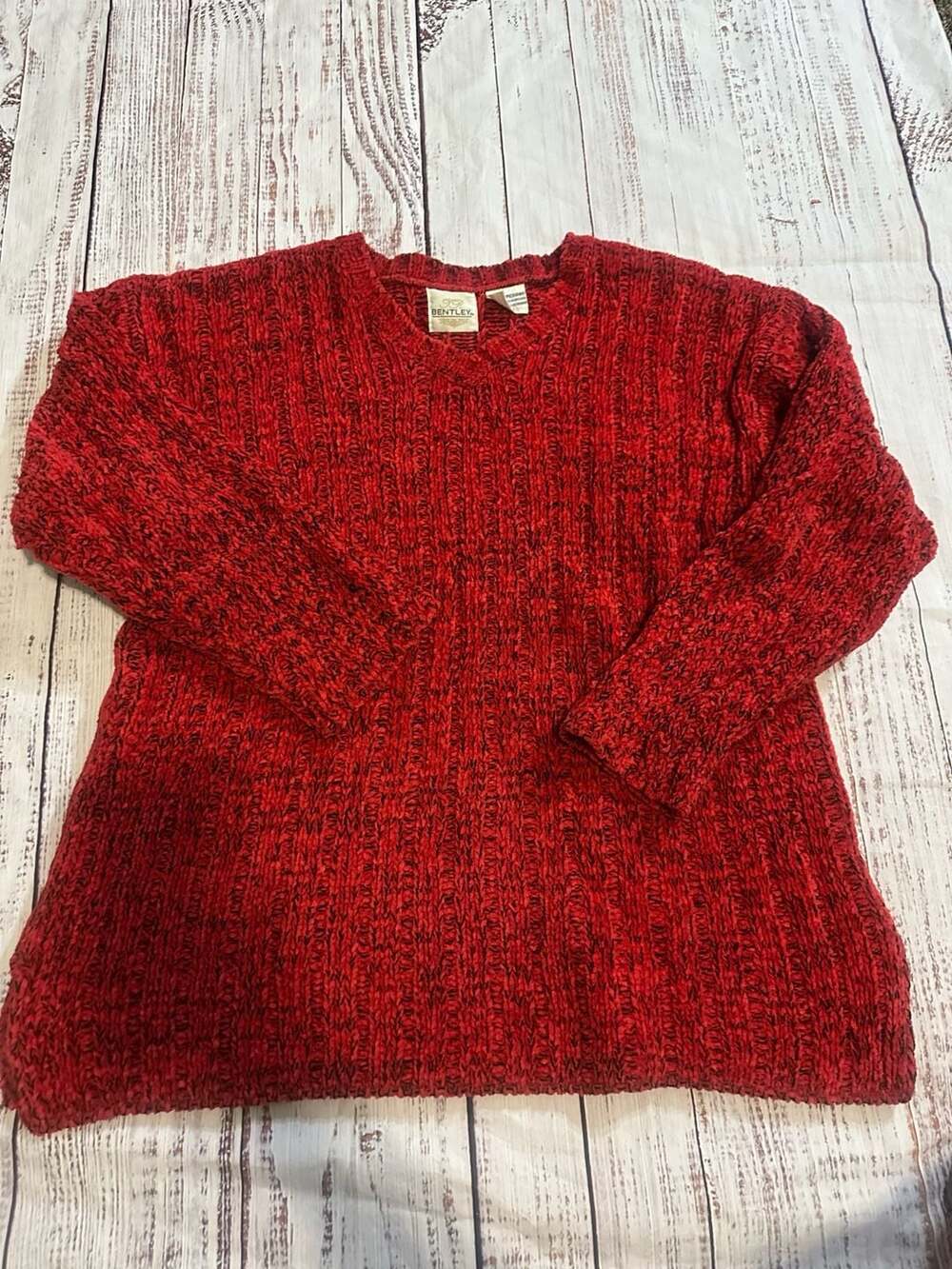 Bentley Chenille Vintage V-Neck Sweater Red Chunky Knit-M